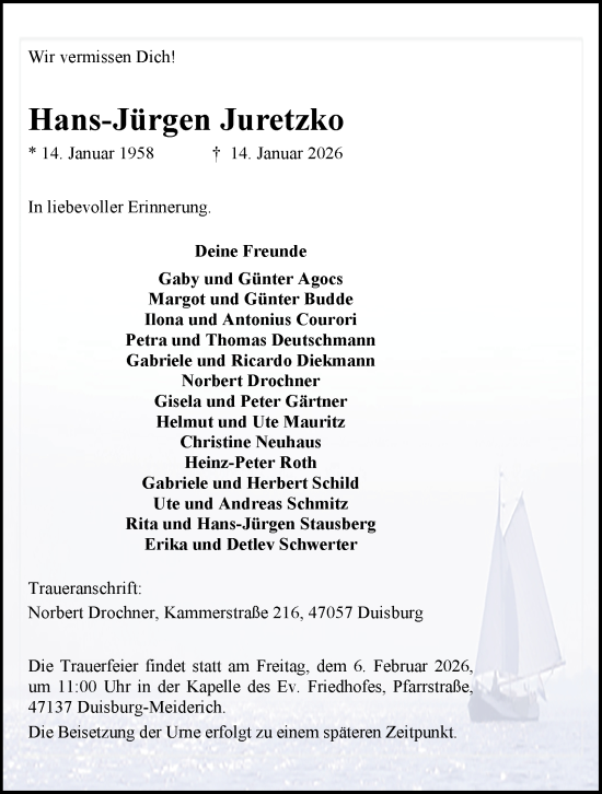 Traueranzeige von Hans-Jürgen Juretzko von Tageszeitung