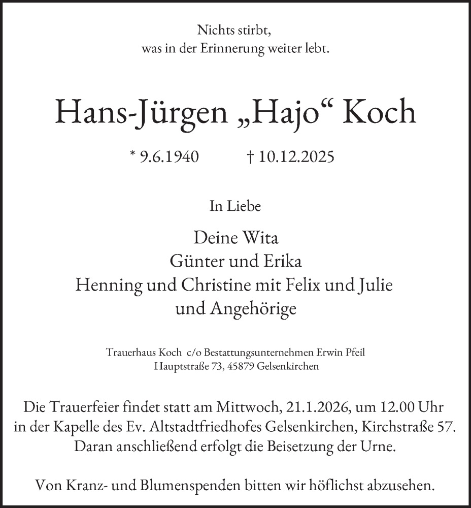  Traueranzeige für Hans-Jürgen Koch vom 20.01.2026 aus Tageszeitung