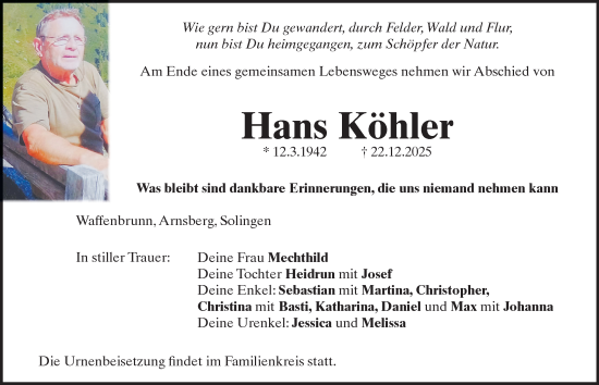 Traueranzeige von Hans Köhler von Tageszeitung