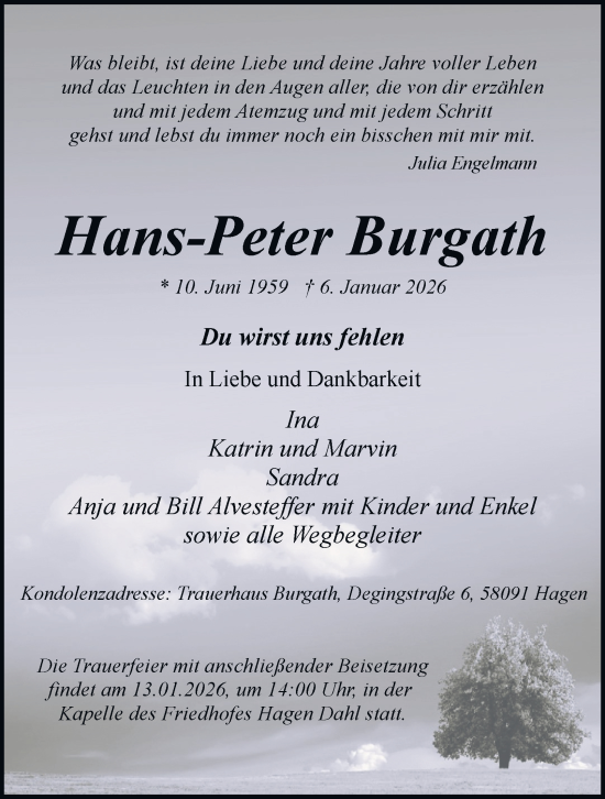 Traueranzeige von Hans-Peter Burgath von Tageszeitung