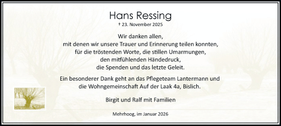 Traueranzeige von Hans Ressing von Tageszeitung