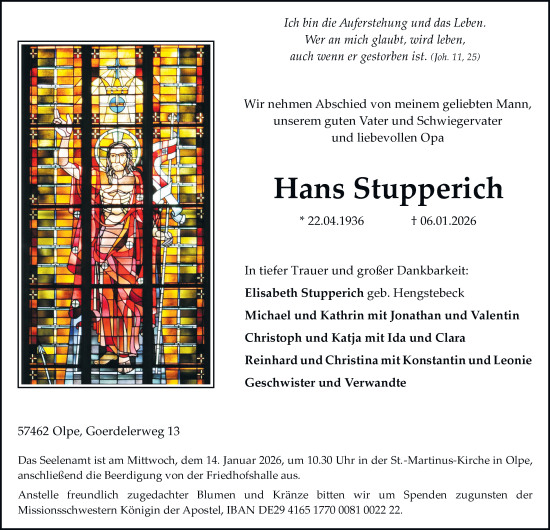 Traueranzeige von Hans Stupperich von Tageszeitung