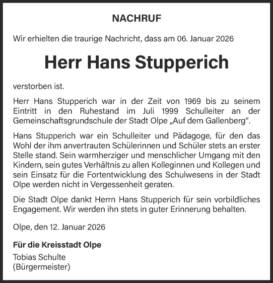 Traueranzeige von Hans Stupperich von Tageszeitung