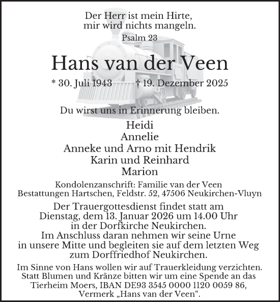 Traueranzeige von Hans van der Veen von Tageszeitung