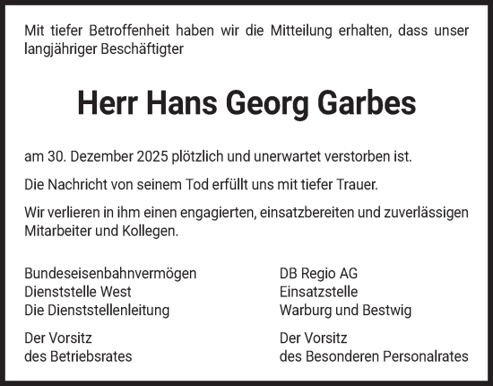 Traueranzeige von Hans Georg Garbes von Tageszeitung