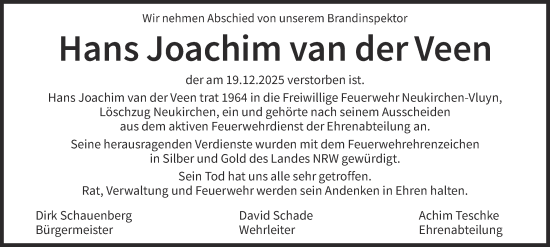 Traueranzeige von Hans Joachim van der Veen von Tageszeitung