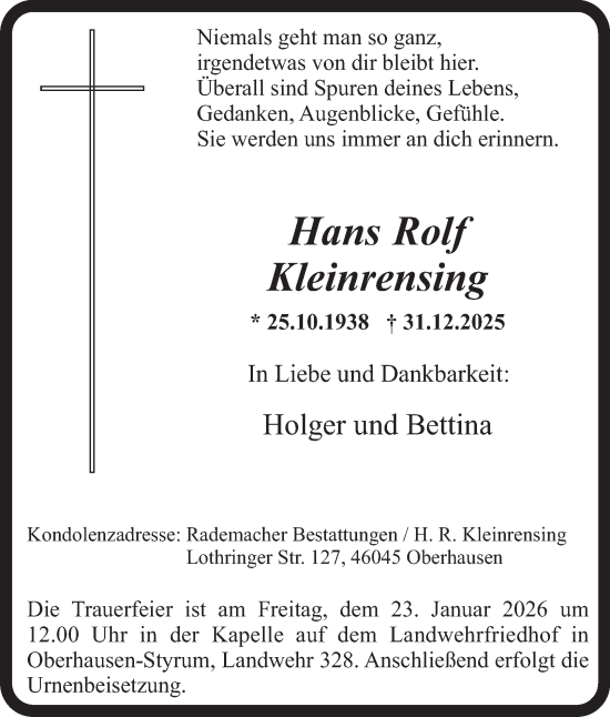 Traueranzeige von Hans Rolf Kleinrensing von Tageszeitung