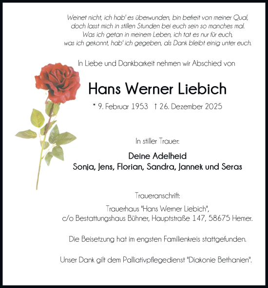 Traueranzeige von Hans Werner Liebich von Tageszeitung