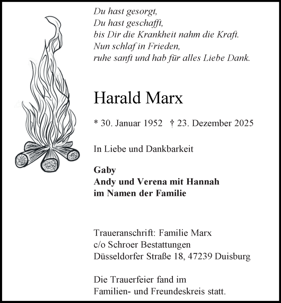  Traueranzeige für Harald Marx vom 03.01.2026 aus Tageszeitung