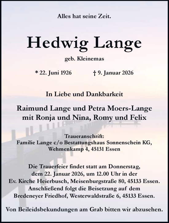 Traueranzeige von Hedwig Lange von Tageszeitung