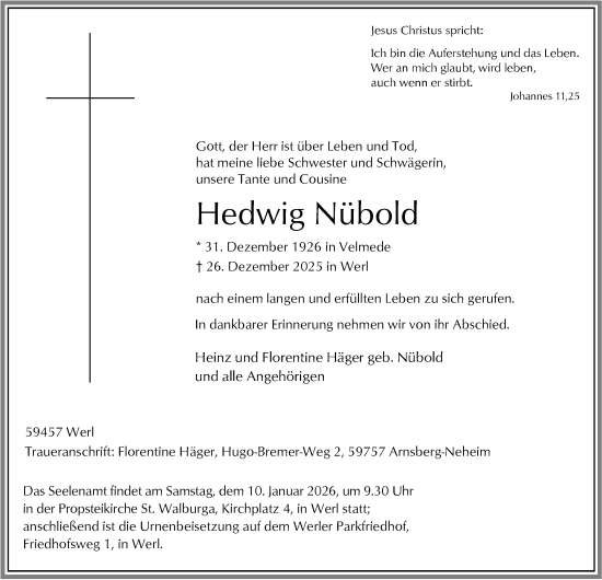 Traueranzeige von Hedwig Nübold von Tageszeitung