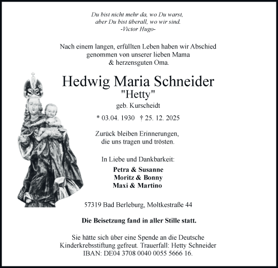 Traueranzeige von Hedwig Maria Schneider von Tageszeitung