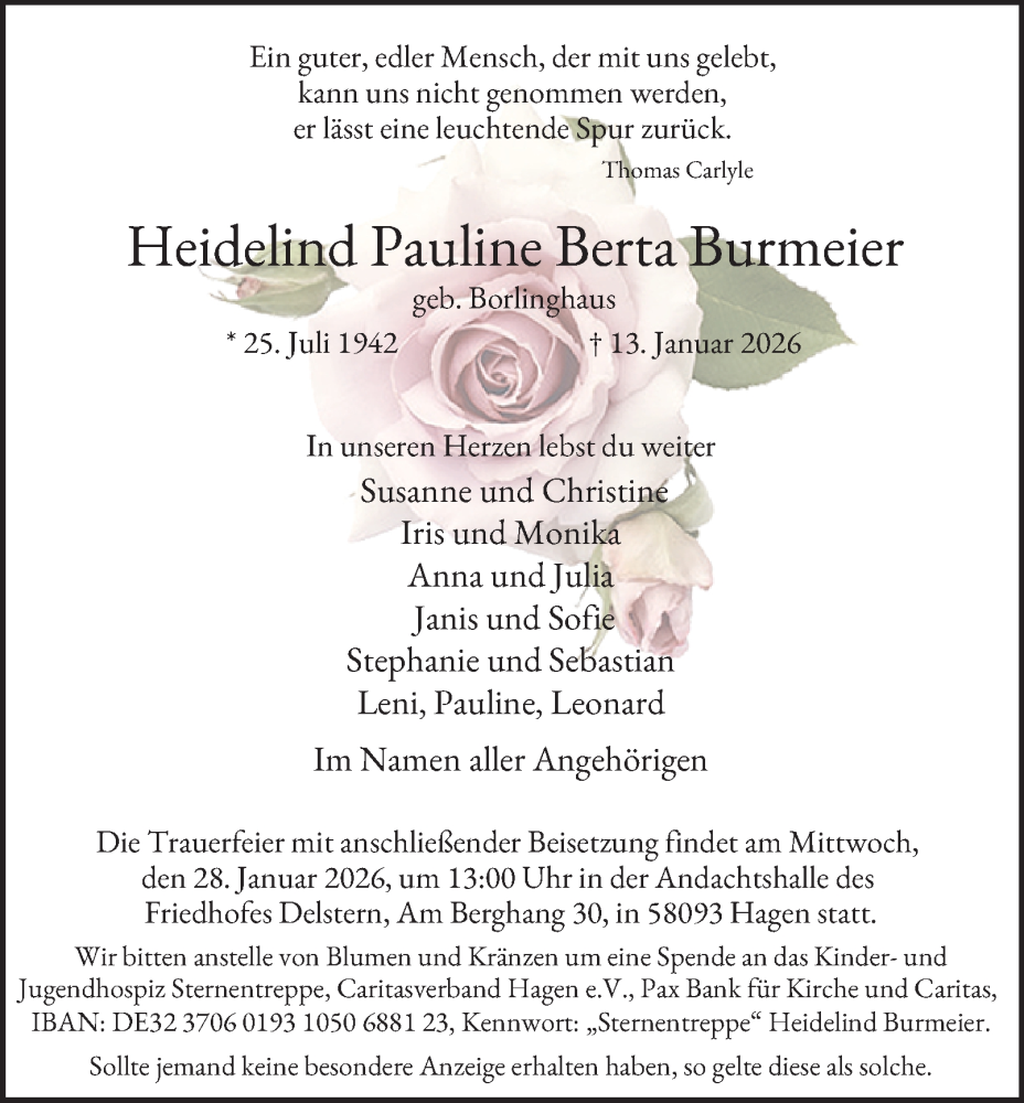  Traueranzeige für Heidelind Pauline Berta Burmeier vom 24.01.2026 aus Tageszeitung