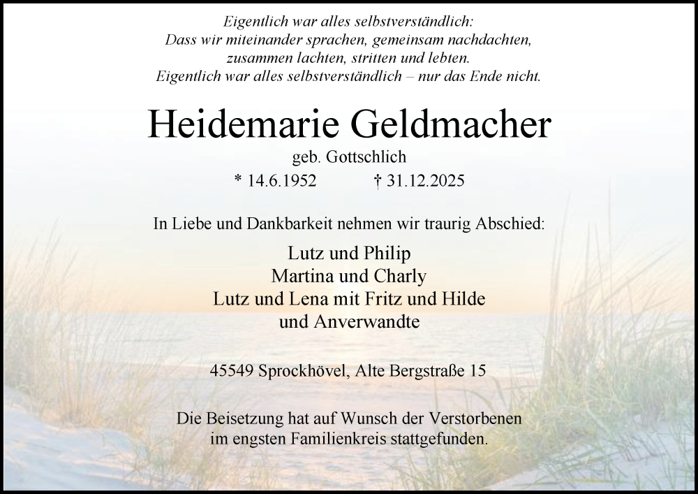  Traueranzeige für Heidemarie Geldmacher vom 10.01.2026 aus Tageszeitung