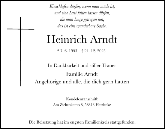 Traueranzeige von Heinrich Arndt von Tageszeitung