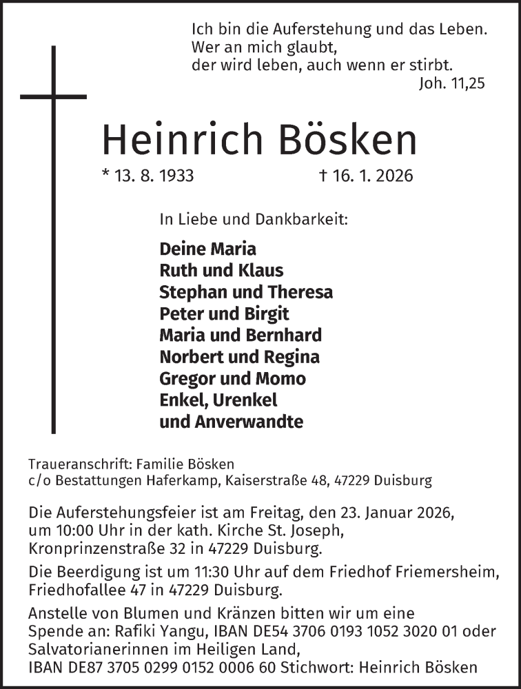  Traueranzeige für Heinrich Bösken vom 22.01.2026 aus Tageszeitung
