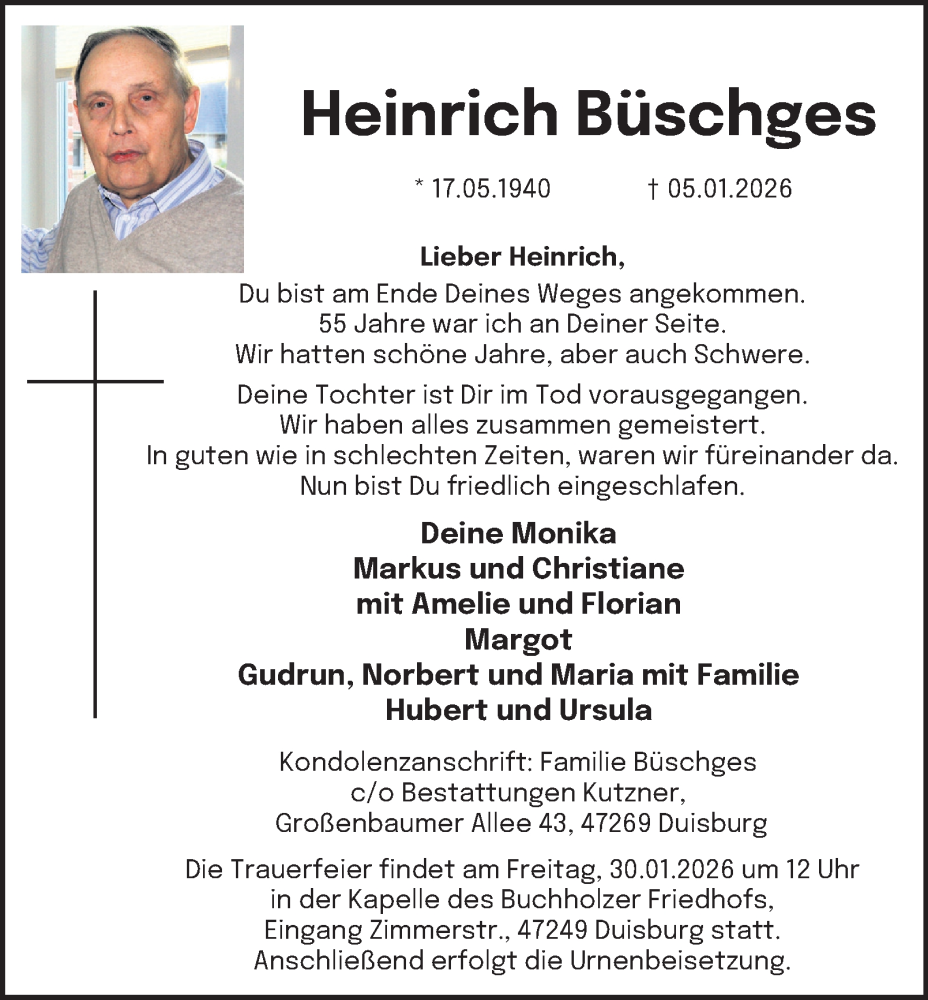  Traueranzeige für Heinrich Büschges vom 17.01.2026 aus Tageszeitung
