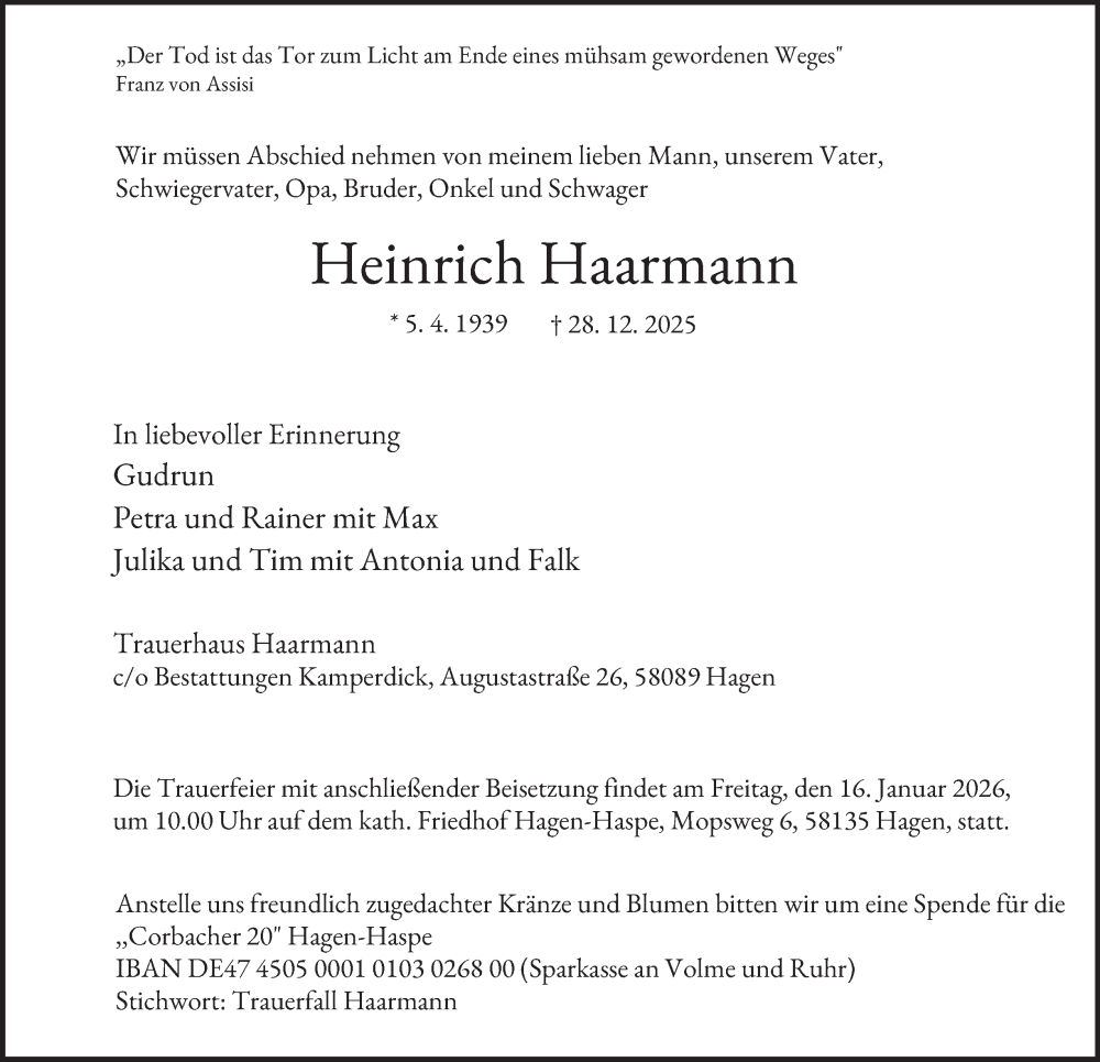  Traueranzeige für Heinrich Haarmann vom 10.01.2026 aus Tageszeitung