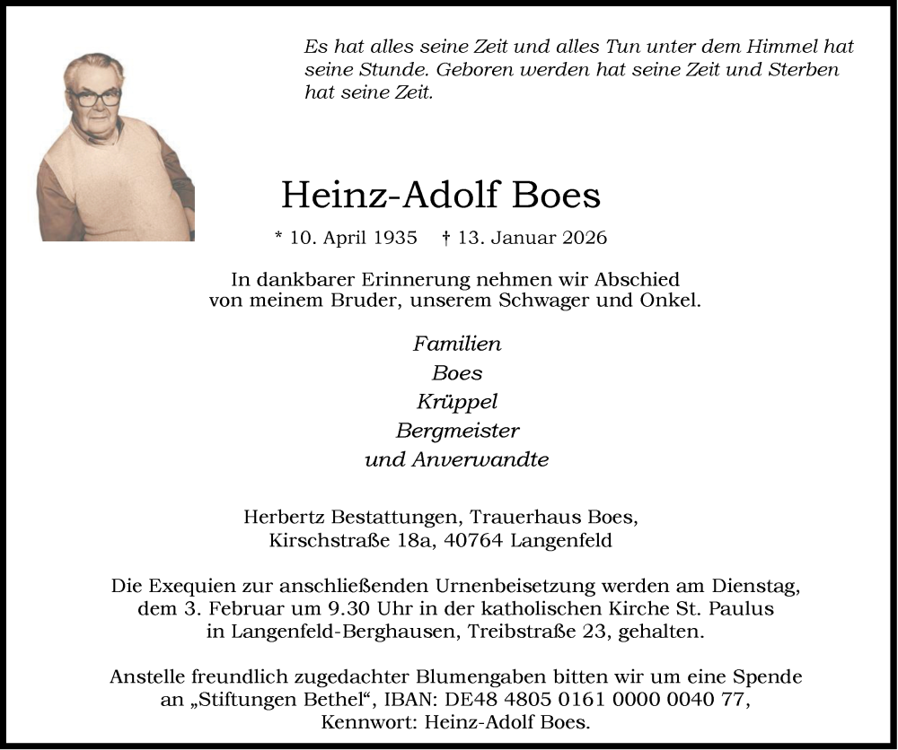 Traueranzeige für Heinz-Adolf Boes vom 24.01.2026 aus Tageszeitung