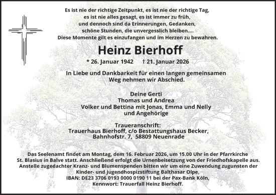 Traueranzeige von Heinz Bierhoff von Tageszeitung