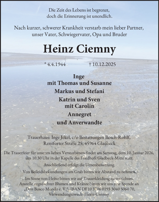 Traueranzeige von Heinz Ciemny von Tageszeitung