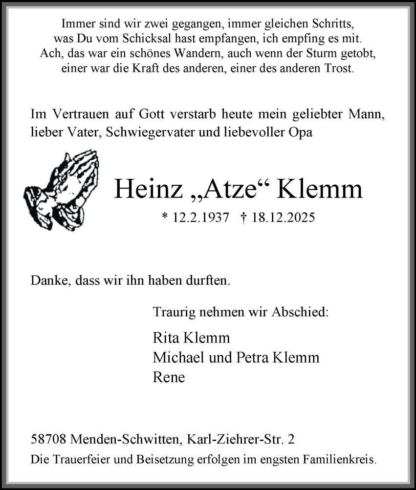  Traueranzeige für Heinz Klemm vom 03.01.2026 aus Tageszeitung