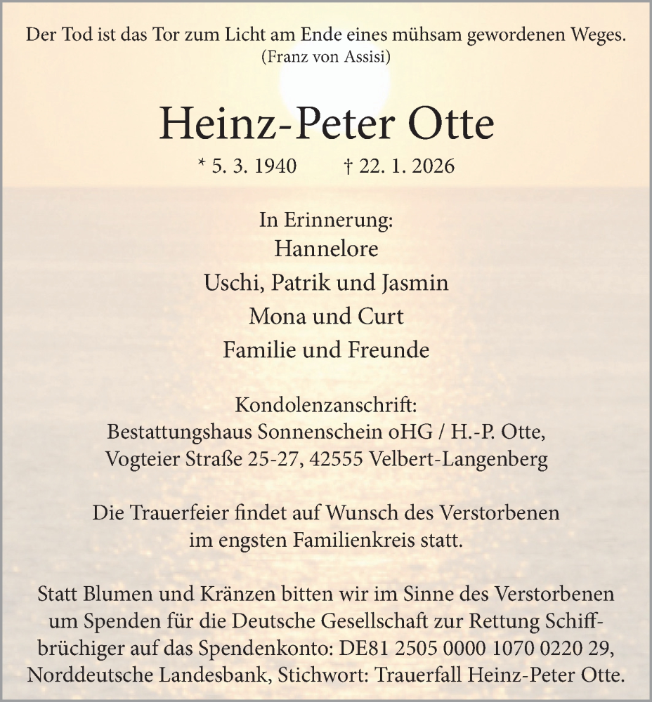  Traueranzeige für Heinz-Peter Otte vom 31.01.2026 aus Tageszeitung