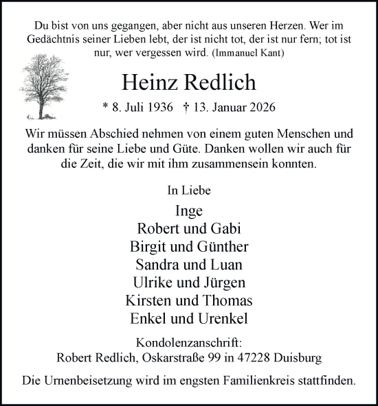 Traueranzeige von Heinz Redlich von Tageszeitung