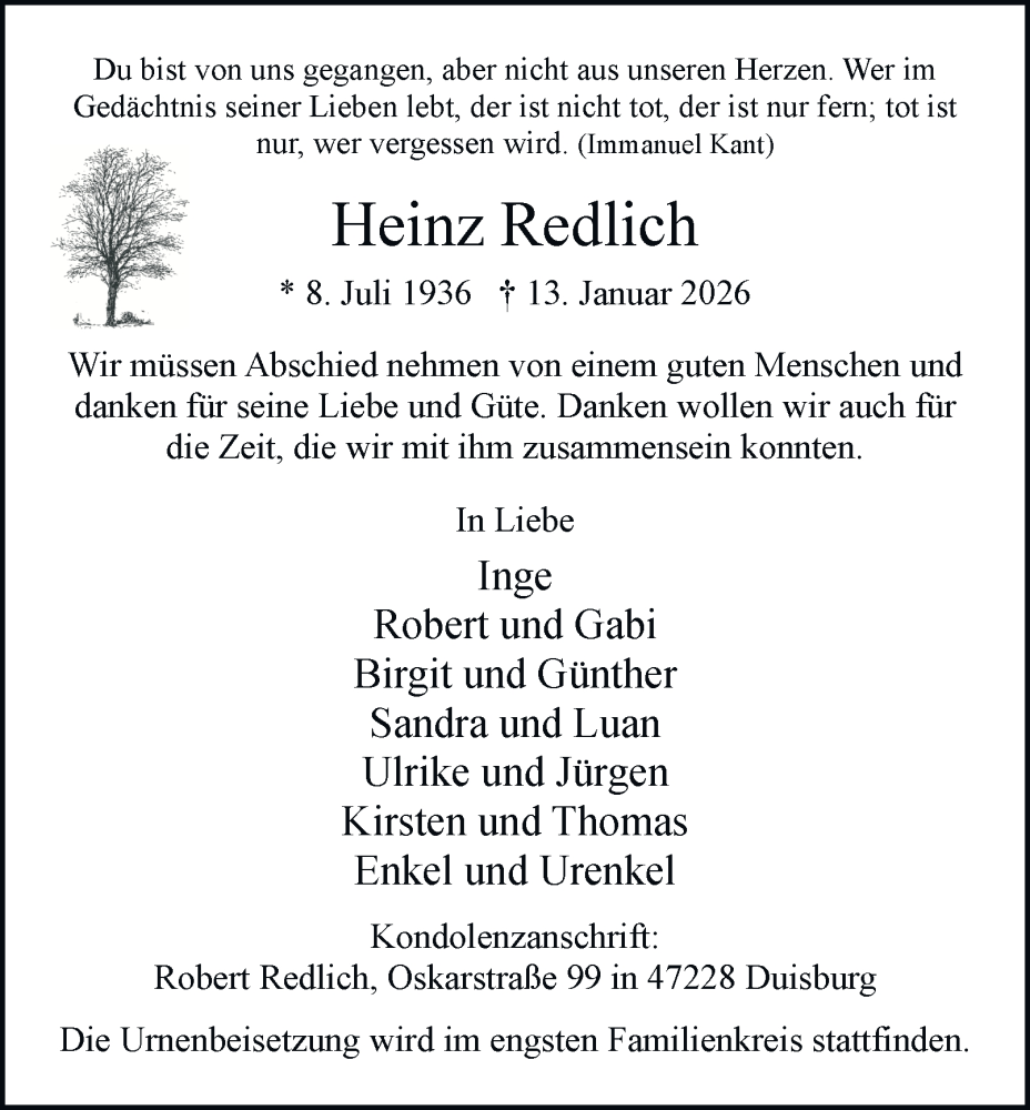  Traueranzeige für Heinz Redlich vom 21.01.2026 aus Tageszeitung
