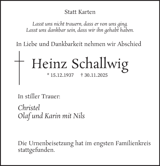 Traueranzeige von Heinz Schallwig von Tageszeitung