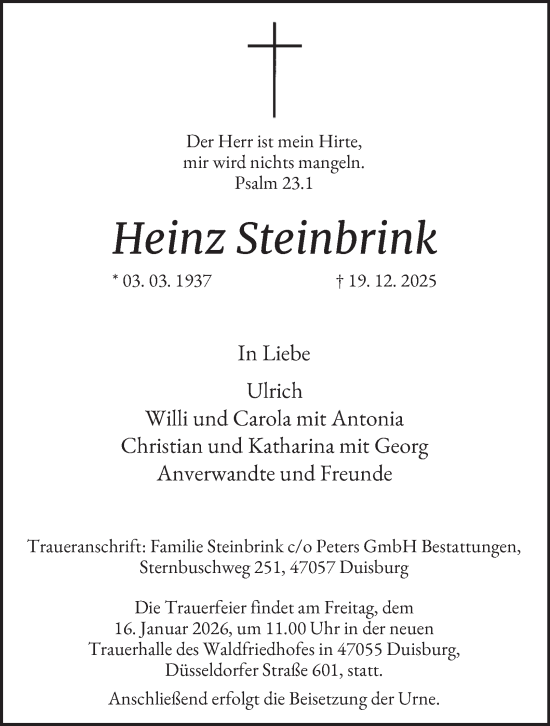 Traueranzeige von Heinz Steinbrink von Tageszeitung