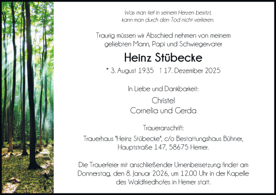 Traueranzeige von Heinz Stübecke von Tageszeitung