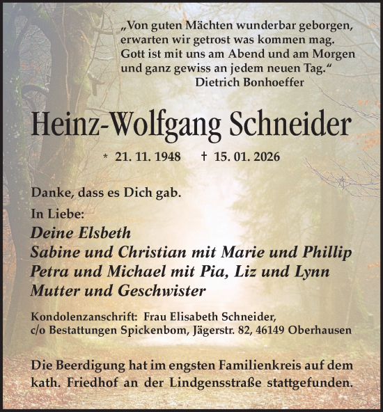 Traueranzeige von Heinz-Wolfgang Schneider von Tageszeitung