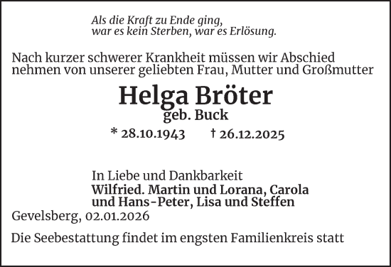 Traueranzeige von Helga Bröter von Tageszeitung