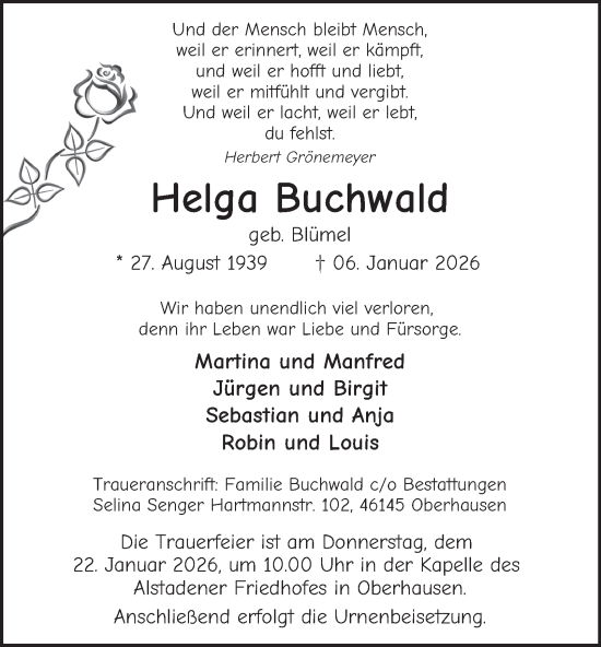 Traueranzeige von Helga Buchwald von Tageszeitung
