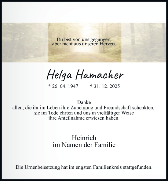 Traueranzeige von Helga Hamacher von Tageszeitung