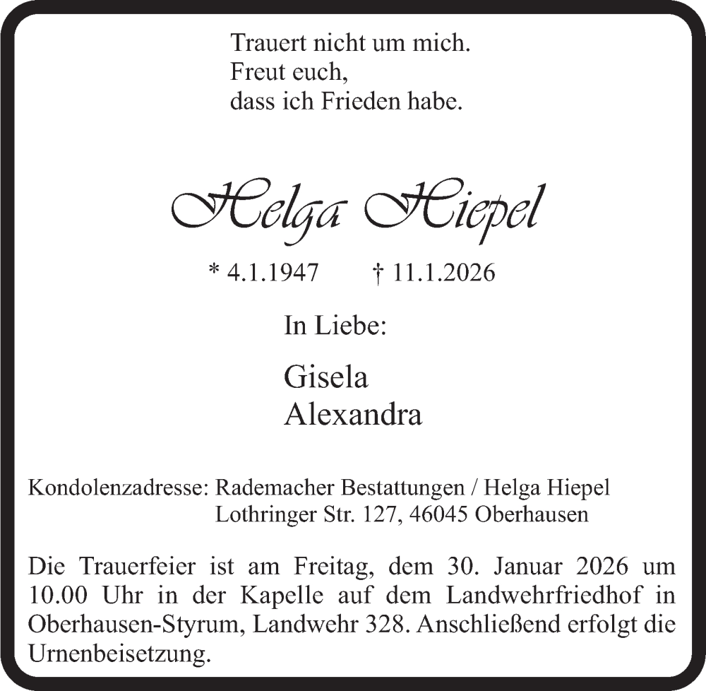  Traueranzeige für Helga Hiepel vom 24.01.2026 aus Tageszeitung