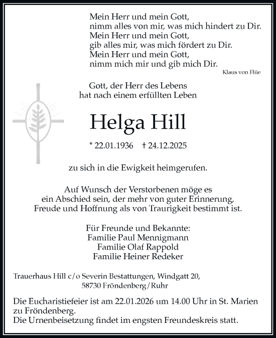 Traueranzeige von Helga Hill von Tageszeitung