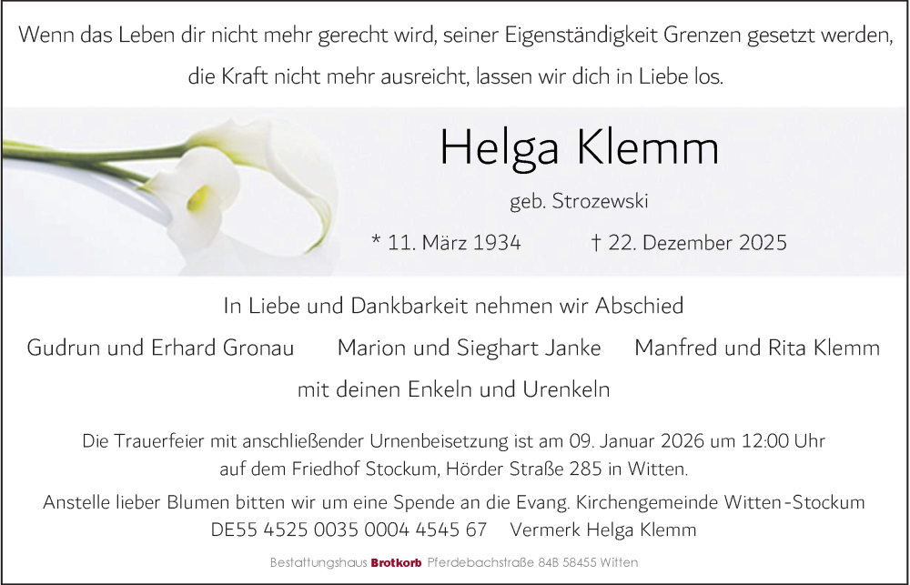  Traueranzeige für Helga Klemm vom 03.01.2026 aus Tageszeitung