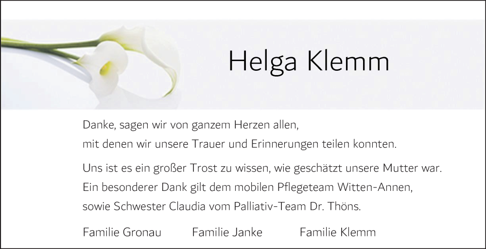  Traueranzeige für Helga Klemm vom 31.01.2026 aus Tageszeitung