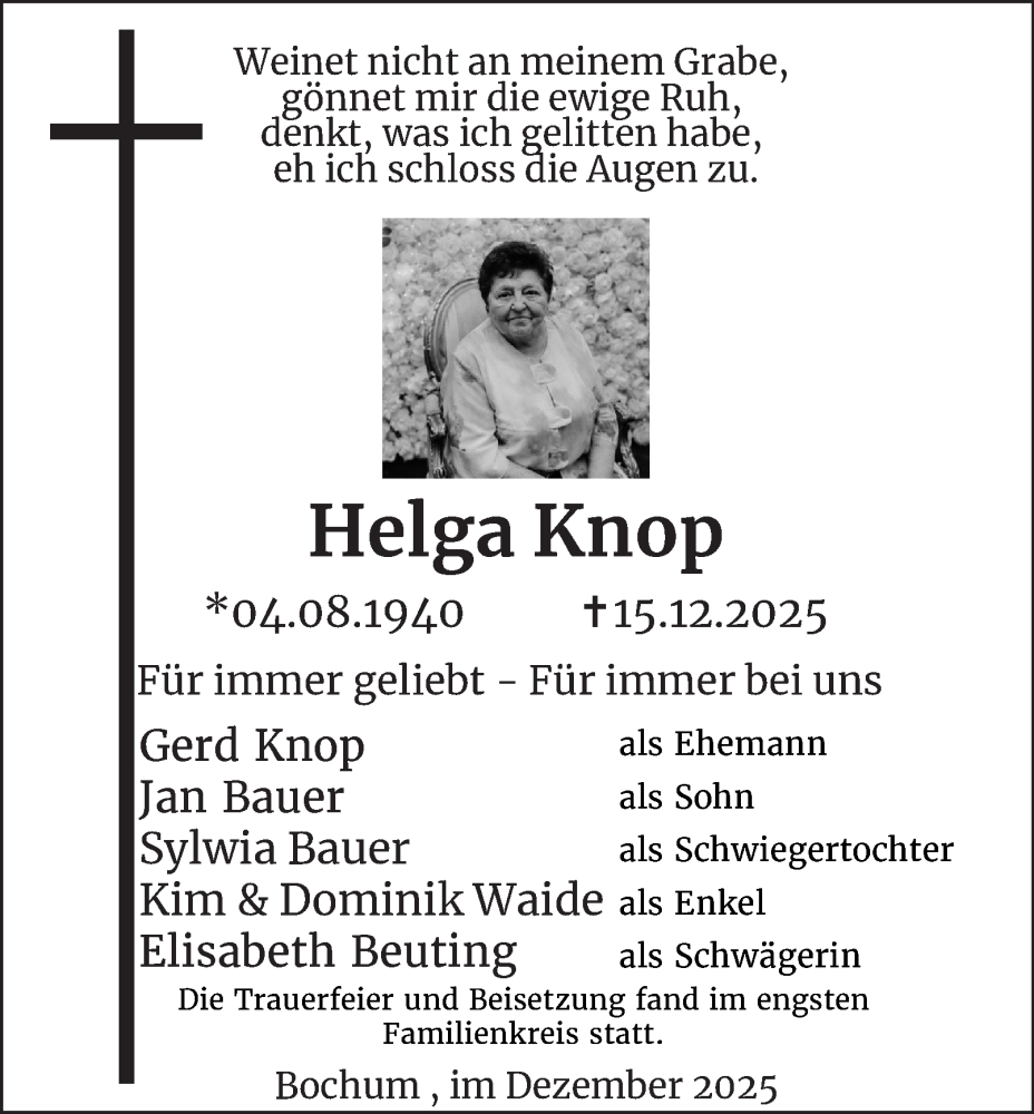  Traueranzeige für Helga Knop vom 10.01.2026 aus Tageszeitung
