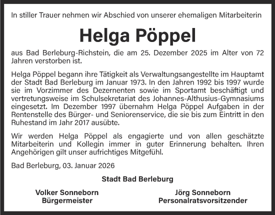 Traueranzeige von Helga Pöppel von Tageszeitung