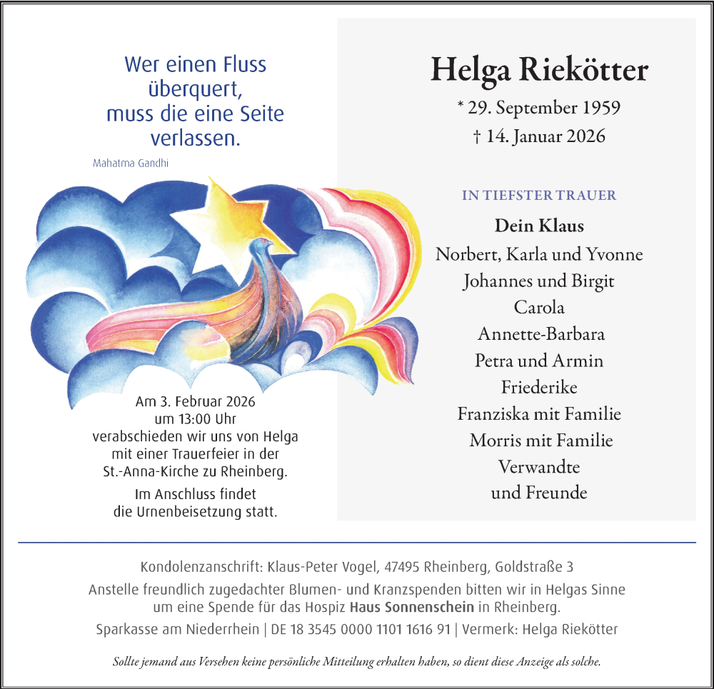  Traueranzeige für Helga Riekötter vom 22.01.2026 aus Tageszeitung