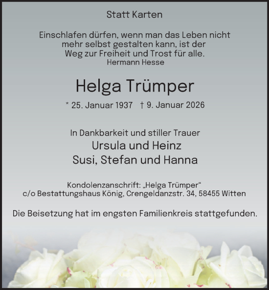 Traueranzeige von Helga Trümper von Tageszeitung