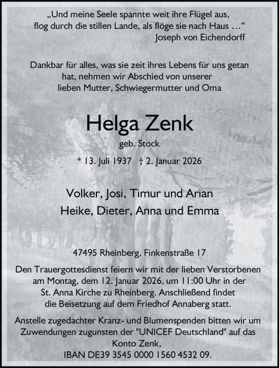 Traueranzeige von Helga Zenk von Tageszeitung