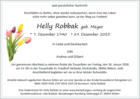 Traueranzeige von Helly Robbak von Tageszeitung