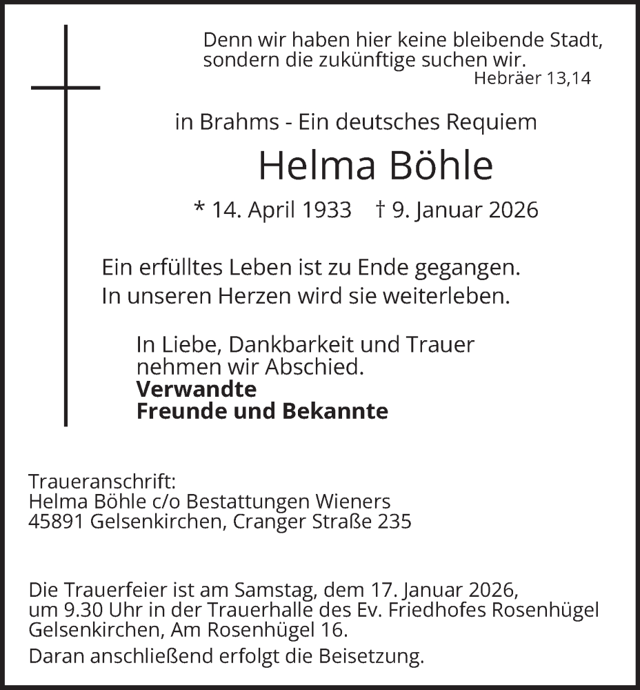  Traueranzeige für Helma Böhle vom 17.01.2026 aus Tageszeitung