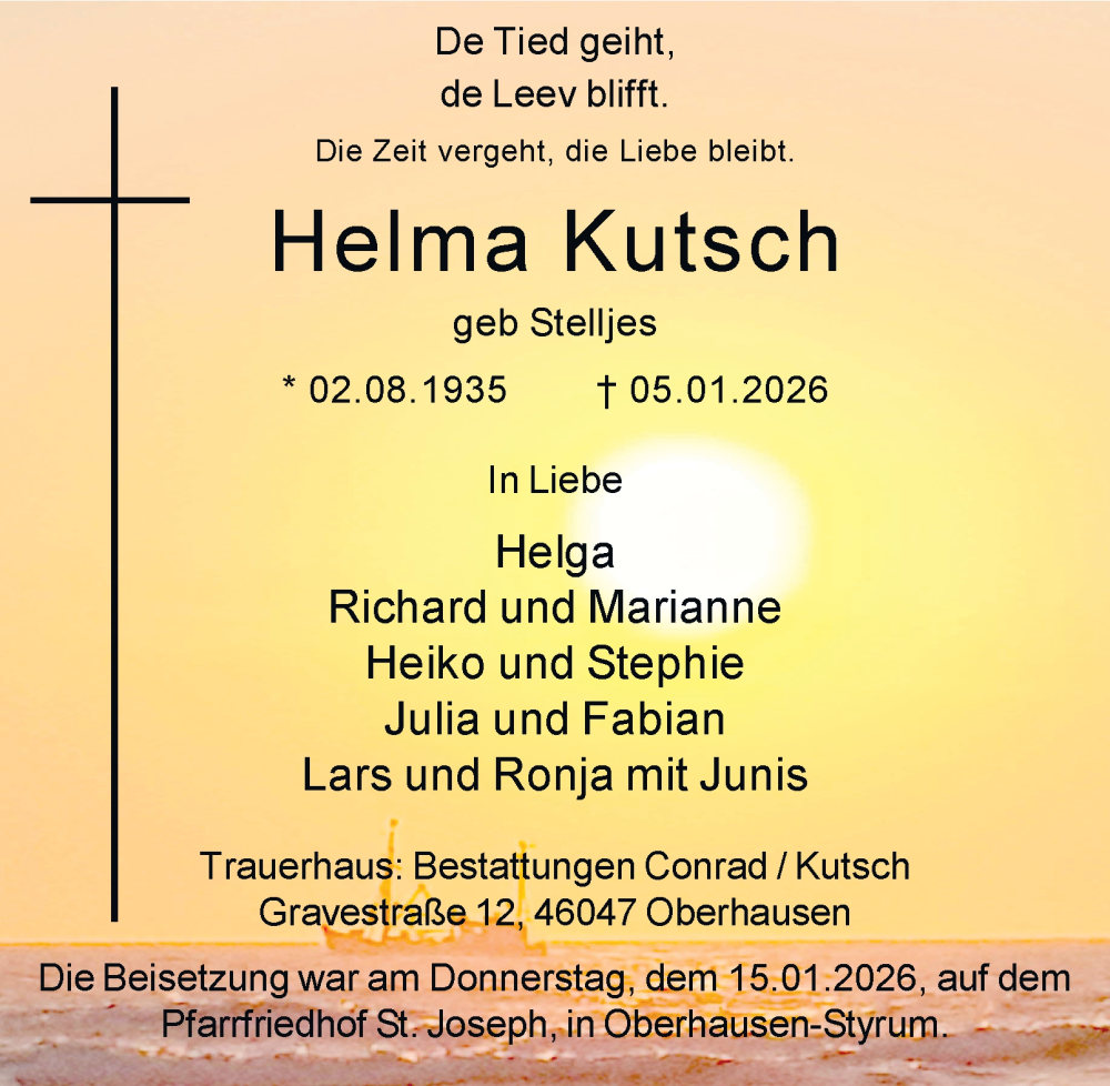  Traueranzeige für Helma Kutsch vom 17.01.2026 aus Tageszeitung