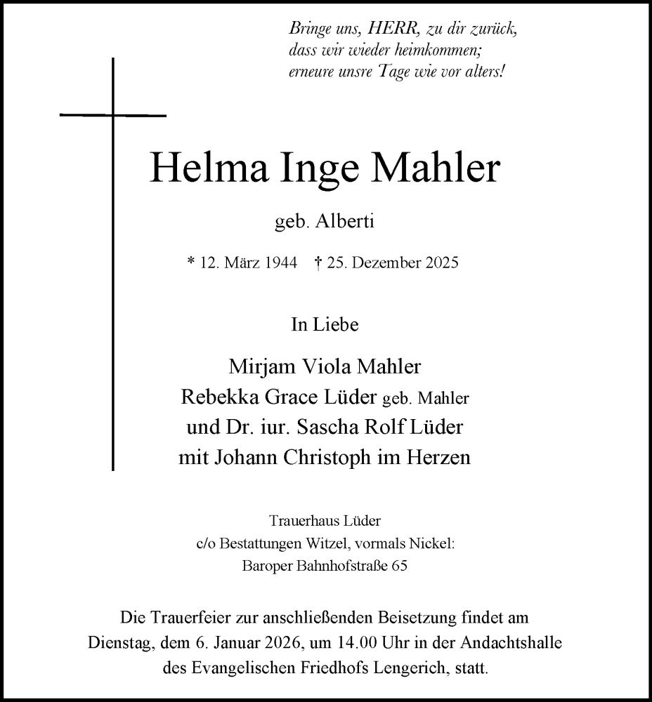  Traueranzeige für Helma Inge Mahler vom 03.01.2026 aus Tageszeitung
