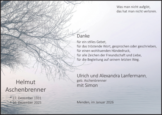 Traueranzeige von Helmut Aschenbrenner von Tageszeitung